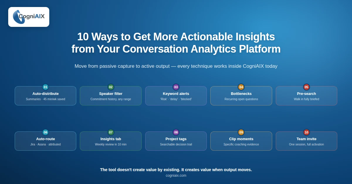 Conversation analytics platform guide - banner showing 10 numbered techniques across two rows, from auto-distribute to team-wide rollout.