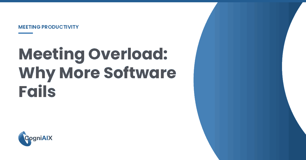 Banner on meeting overload and why more software fails, showing the four pressures driving the shift: meeting load outpacing capacity, hybrid teams losing context in the gaps, manual trackers degrading under load, and the tooling finally catching up