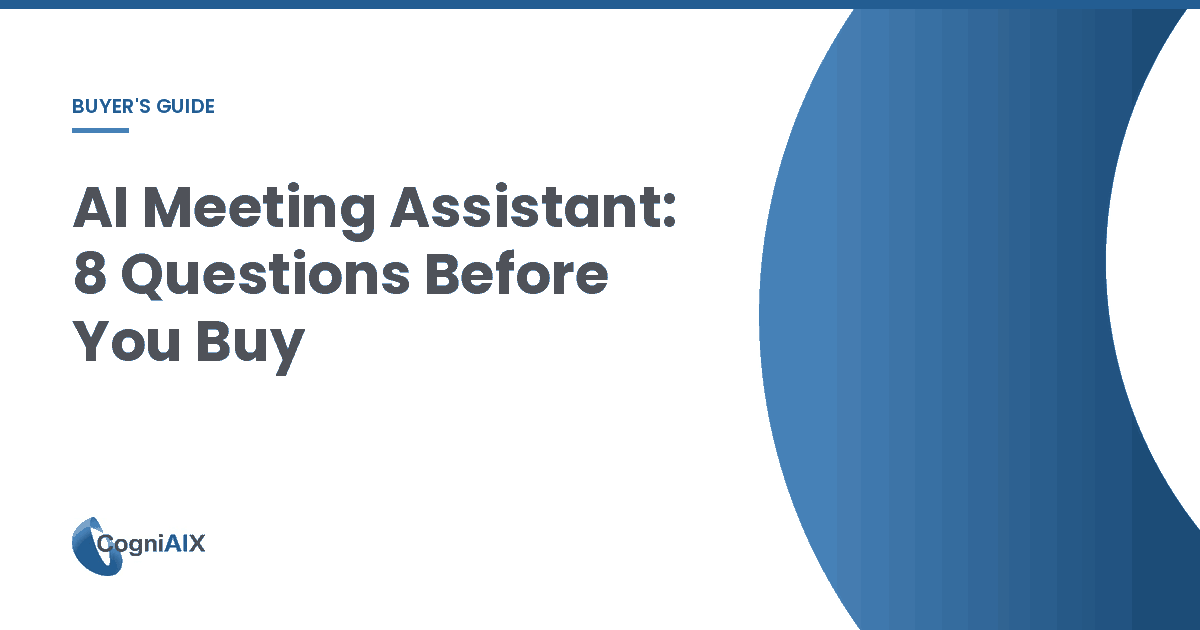 Banner listing eight questions to ask before buying an AI meeting assistant, covering accuracy test conditions, owner detection, cross-conversation memory, native integrations, usage limits, free tier terms, data policy and real cost